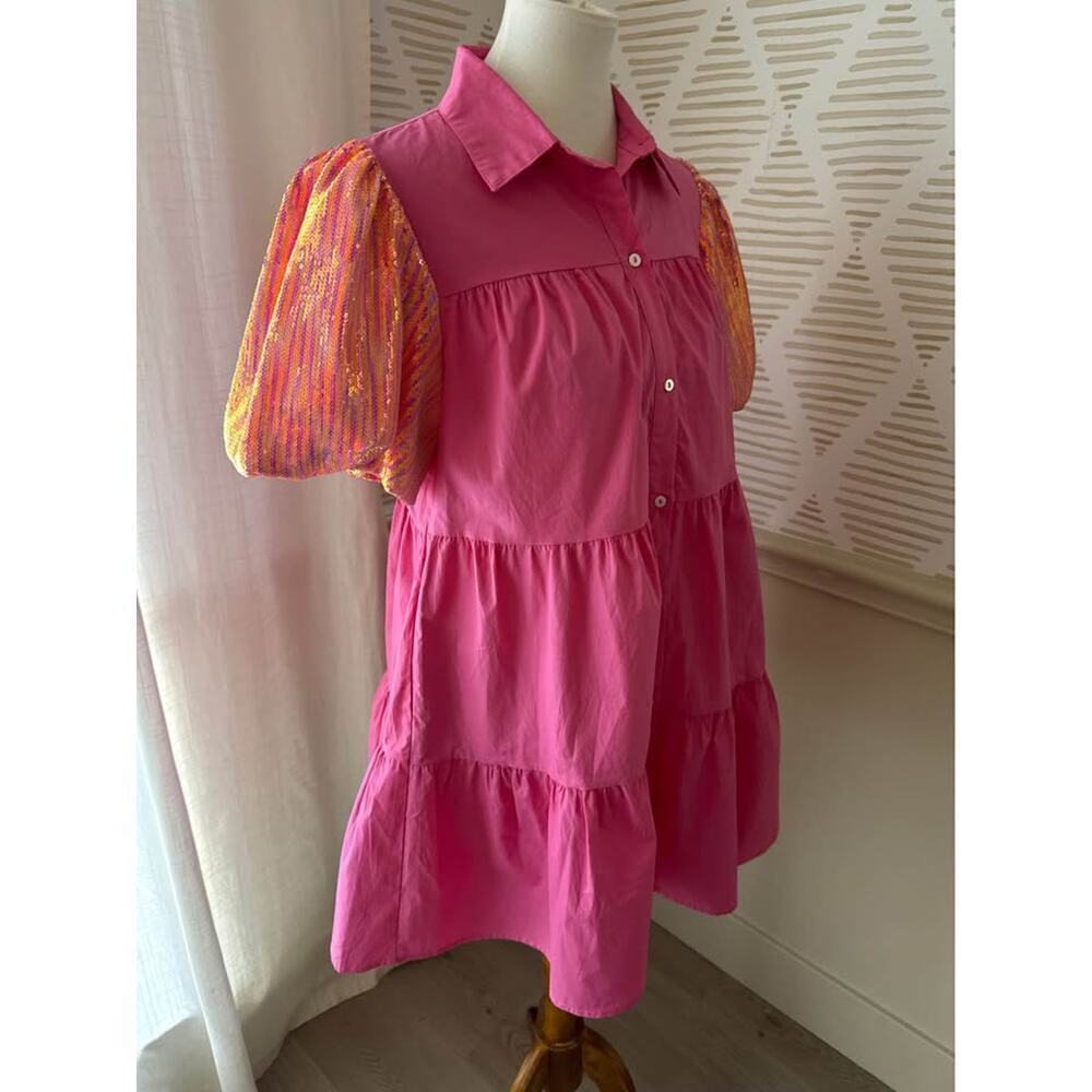 Peach Love Women’s Large Pink Sequined Bubble Sleeve Tiered Ruffled Shirt Dress - Picture 7 of 8